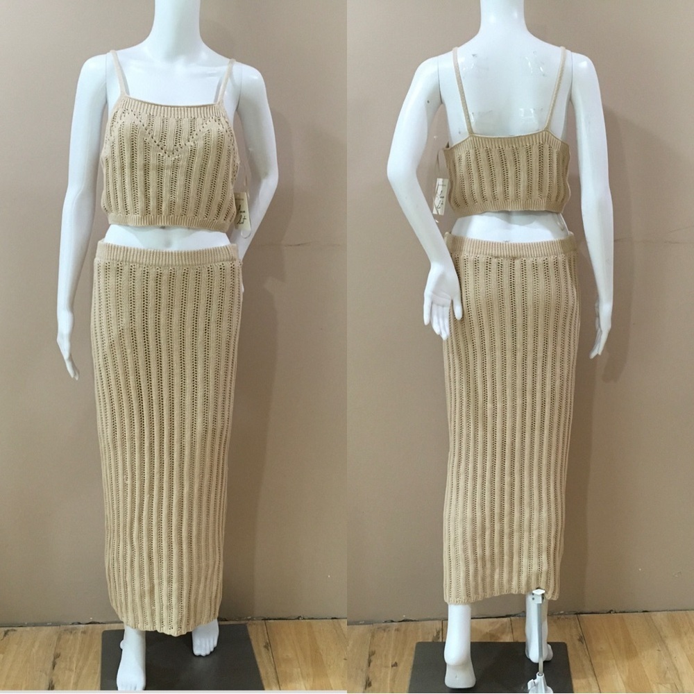 NWT Freshman 1996 Tan Pointelle Crochet Knit 2pc Set Crop Top & Maxi Skirt L